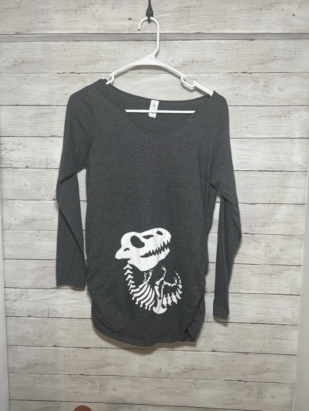 Air Waves Women’s Maternity Gray Dinosaur Skeleton Long Sleeve T Shirt Size M